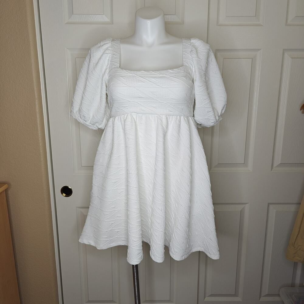 Free People White Puff Sleeve Mini Dress sz L - Picture 5 of 11